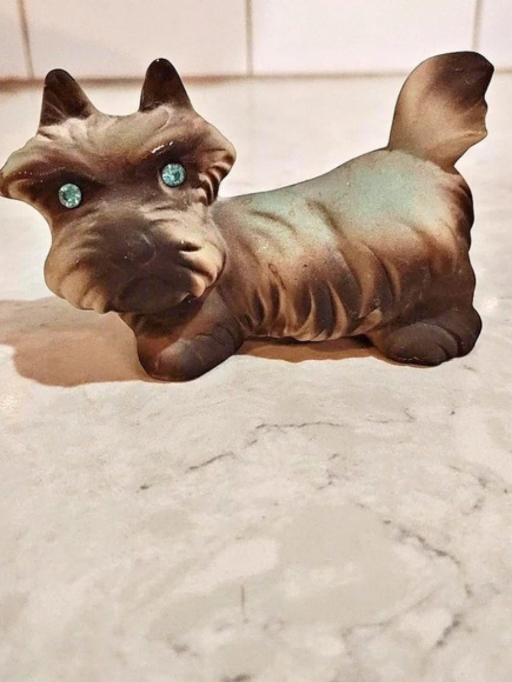 Vintage Scottie Dog Figurine Roselane CA Pottery Blue Rhinestone Eyes